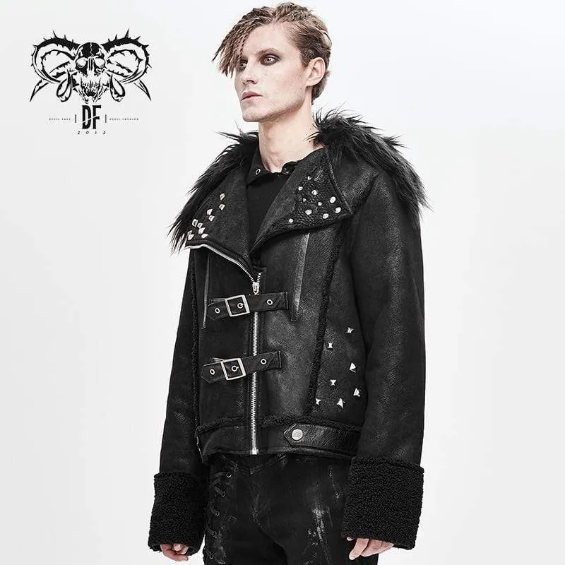 Punk-Winterjacken für Herren mit Pelzbesatz, Umlegekragen, Gürtel und Nieten