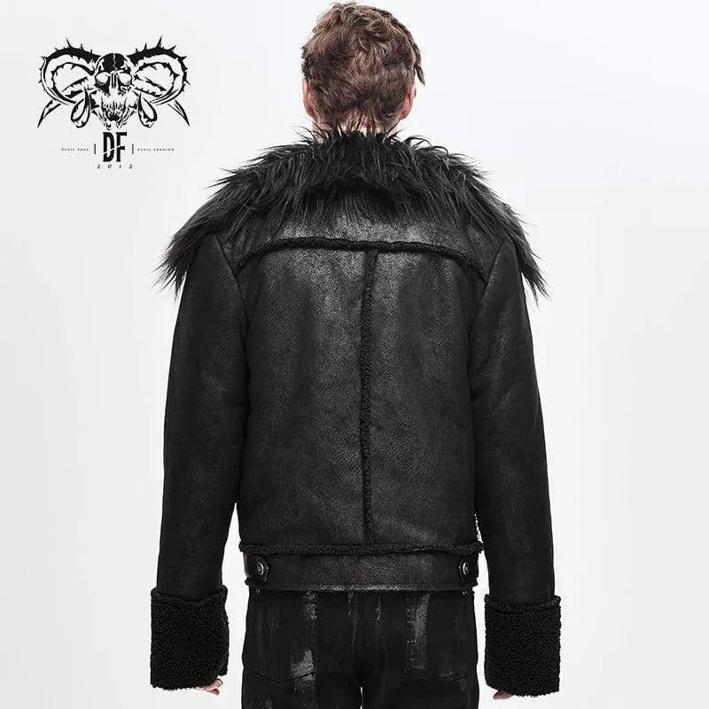 Punk-Winterjacken für Herren mit Pelzbesatz, Umlegekragen, Gürtel und Nieten