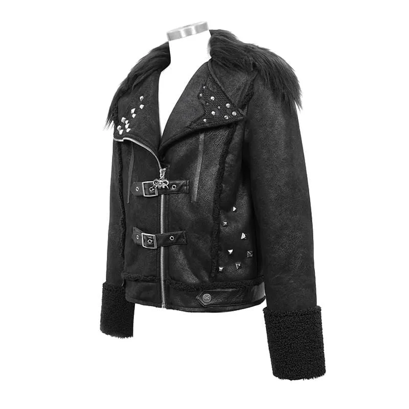 Punk-Winterjacken für Herren mit Pelzbesatz, Umlegekragen, Gürtel und Nieten
