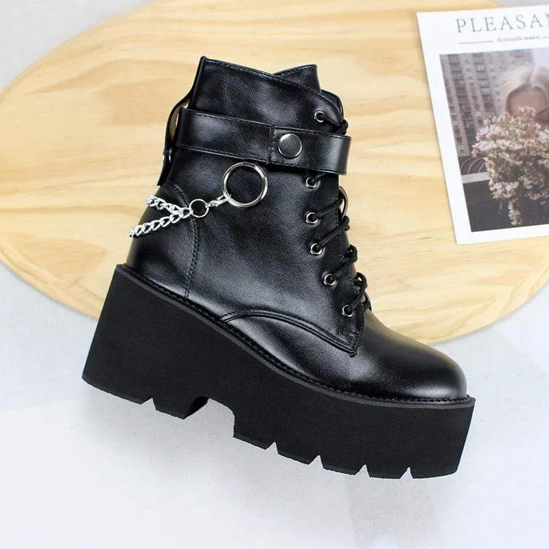 Damen Gothic Punk Plateaustiefel zum Schnüren mit Kette