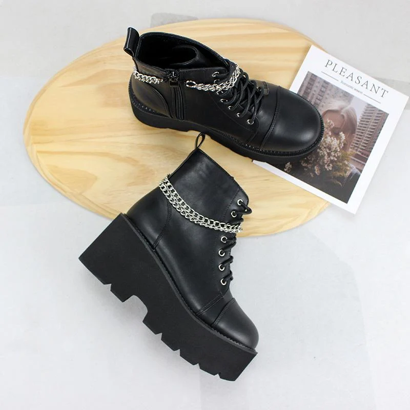 Damen Gothic Punk Zipper Chain Plateaustiefel
