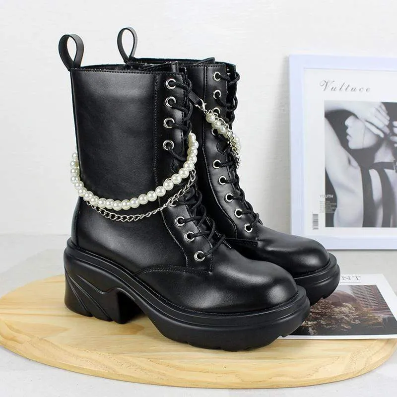 Gothic Punk Wedge Boots für Damen mit Perlenkette