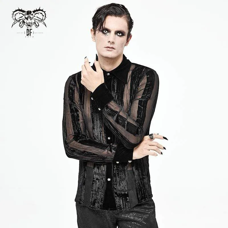 Herren Gothic Punk Stripe Sheer Schwarzes Hemd