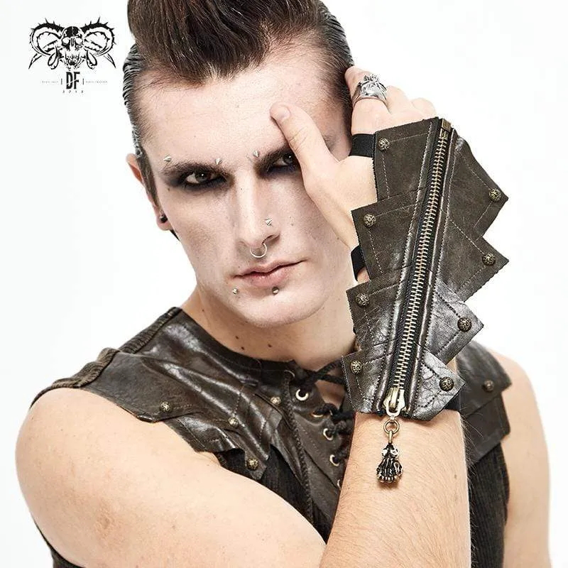 Herren Gothic Rivets Elastische Bandage Braune Handschuhe mit Totenkopf-Reißverschluss