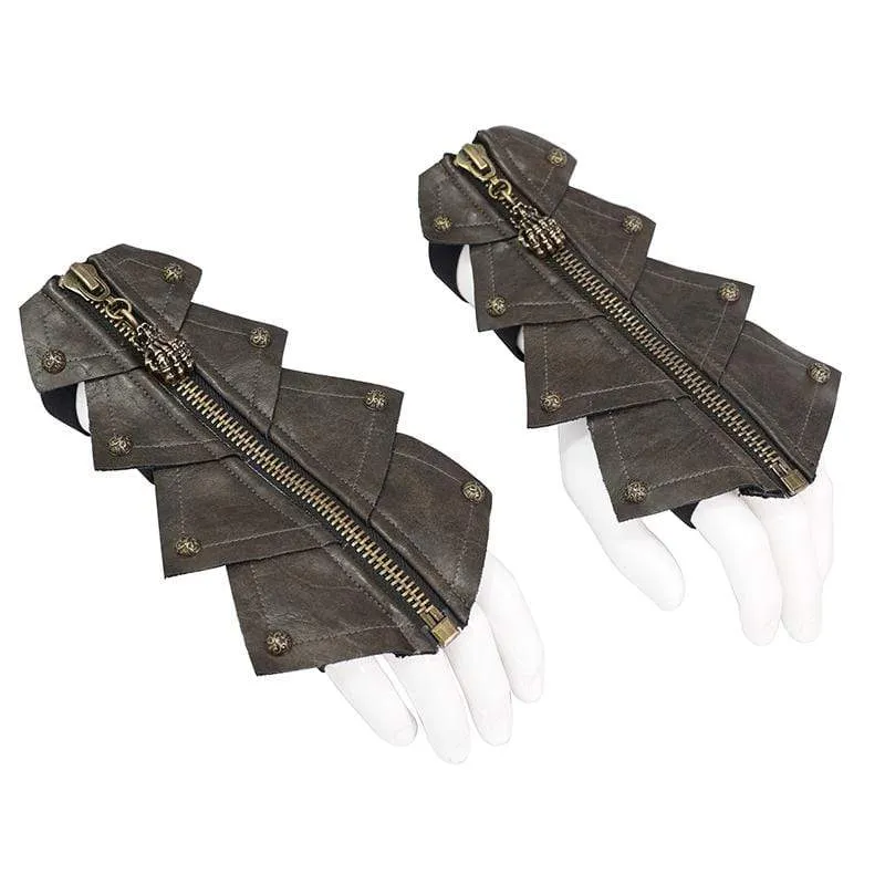 Herren Gothic Rivets Elastische Bandage Braune Handschuhe mit Totenkopf-Reißverschluss