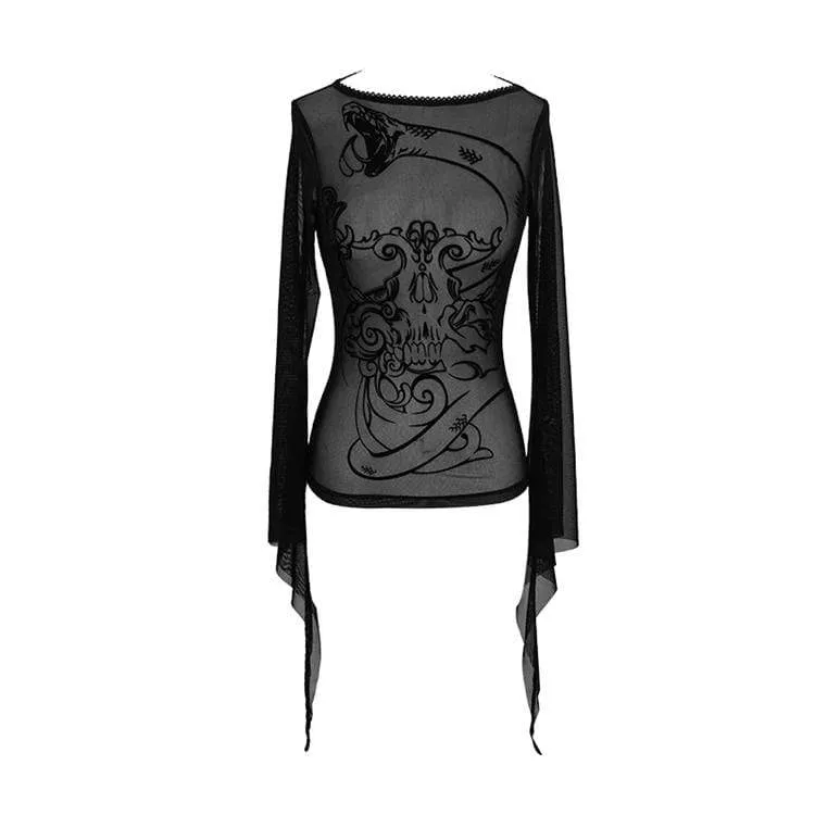 Damen Goth schiere Flare Ärmeln Mesh Tops