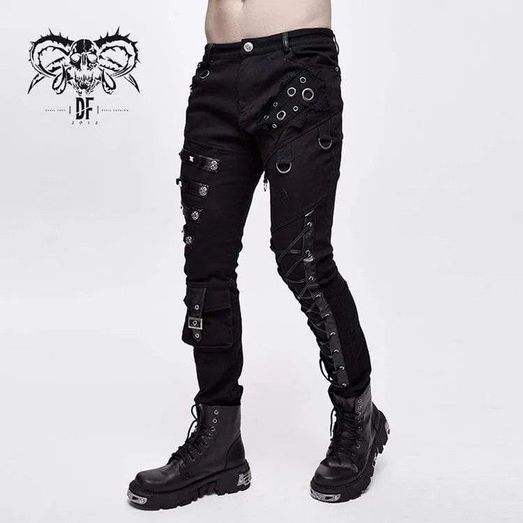 Herren Punk Schnürung Träger Straight-Leg Hose