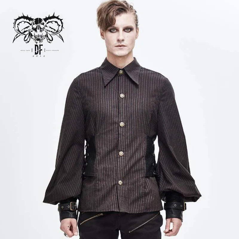 Herren Puff Sleeved Stripes Kunstleder Spleißhemden