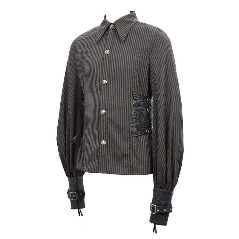 Herren Puff Sleeved Stripes Kunstleder Spleißhemden