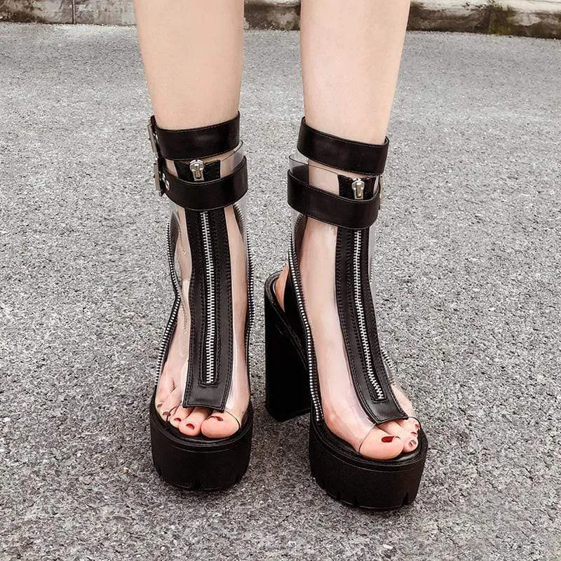 Damen Gothic Punk Chunky Heel Peeptoe Transparente Stiefel