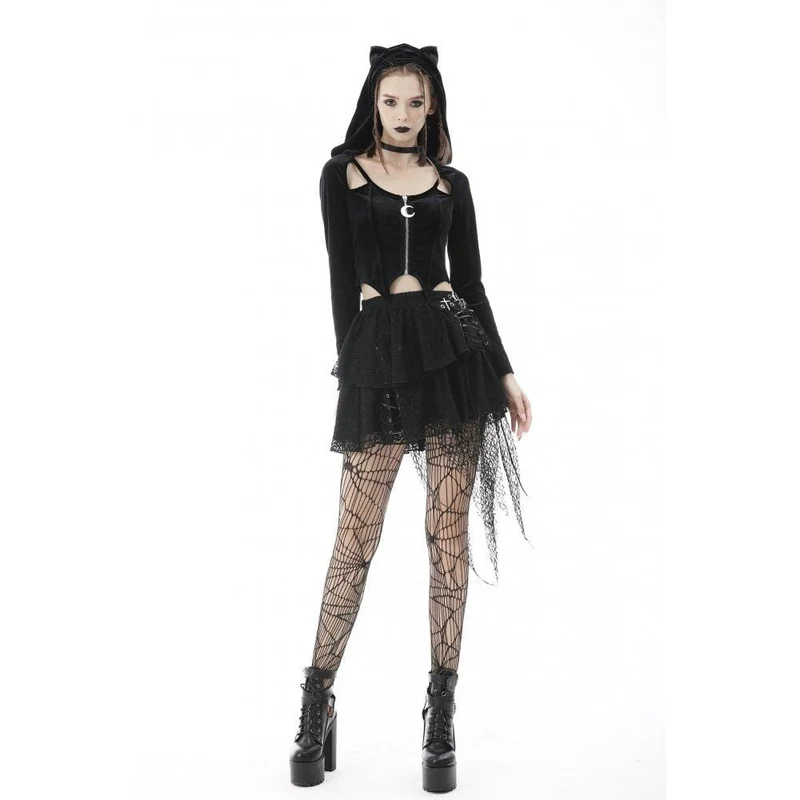 Damen Punk Unregelmäßiges Crop Top mit Reißverschluss und Katzenohren-Kapuze