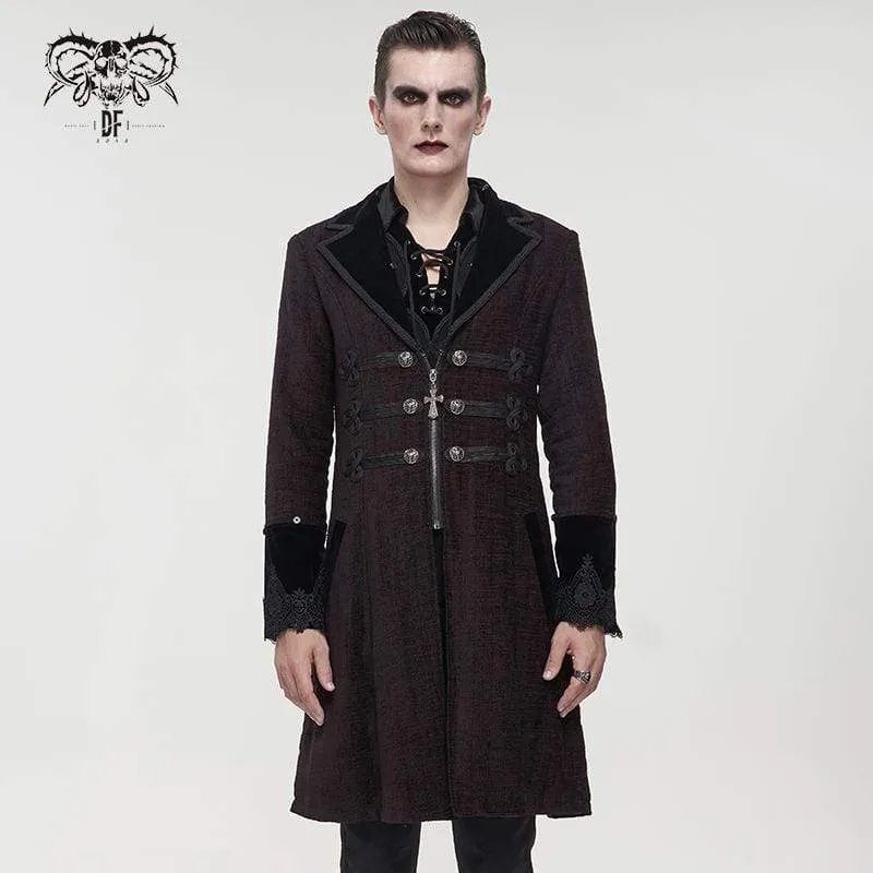 Herren Gothic Floral Zipper Roter Mantel mit abnehmbarem Kunstpelz