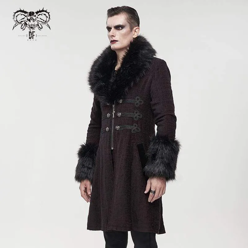 Herren Gothic Floral Zipper Roter Mantel mit abnehmbarem Kunstpelz