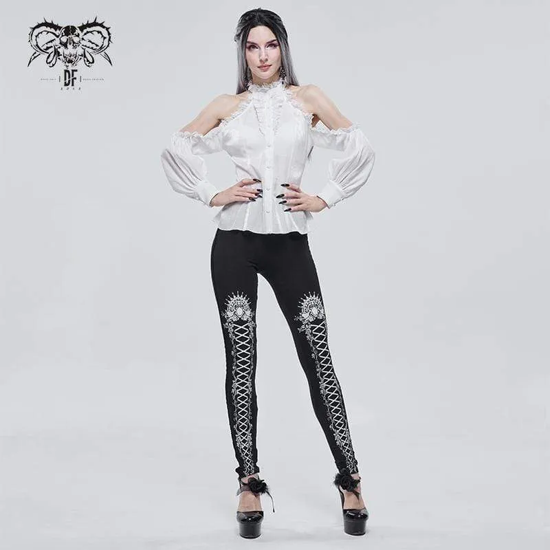 Damen Gothic Strappy Leggings mit Print Weiß