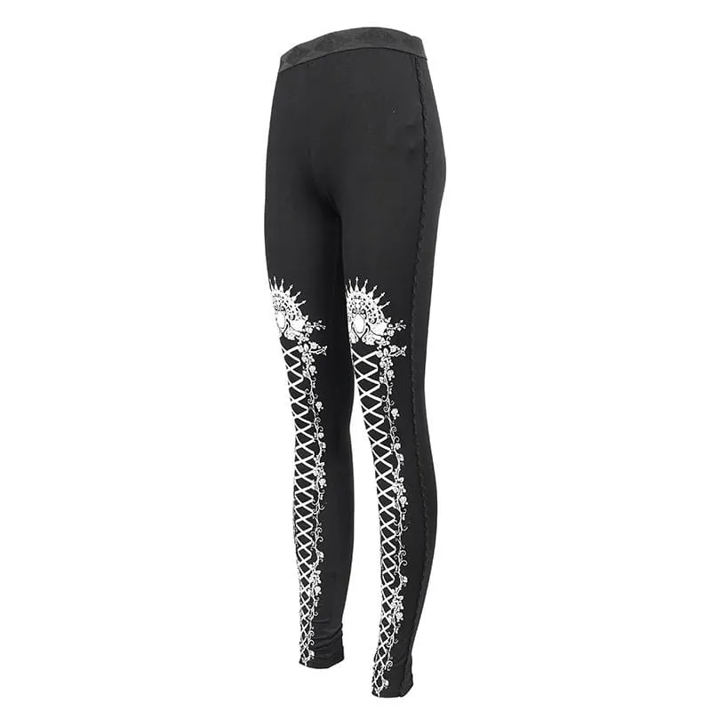 Damen Gothic Strappy Leggings mit Print Weiß