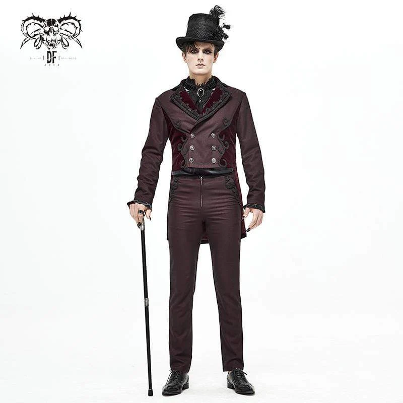 Herren Gothic Zweireiher Jacquard Schwalbenschwanz Anzug Mantel Dunkelrot