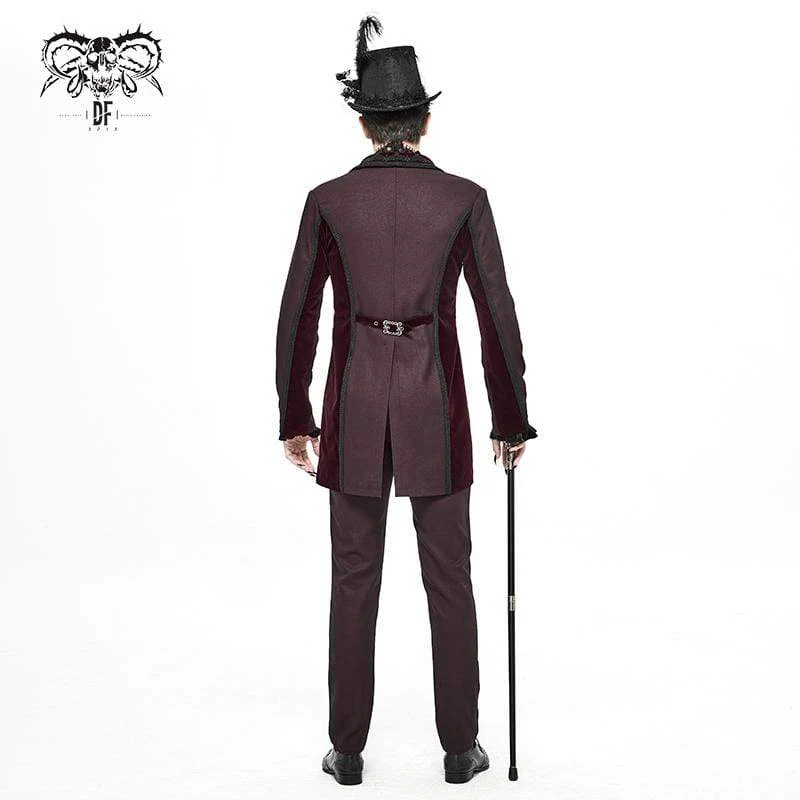 Herren Gothic Zweireiher Jacquard Schwalbenschwanz Anzug Mantel Dunkelrot