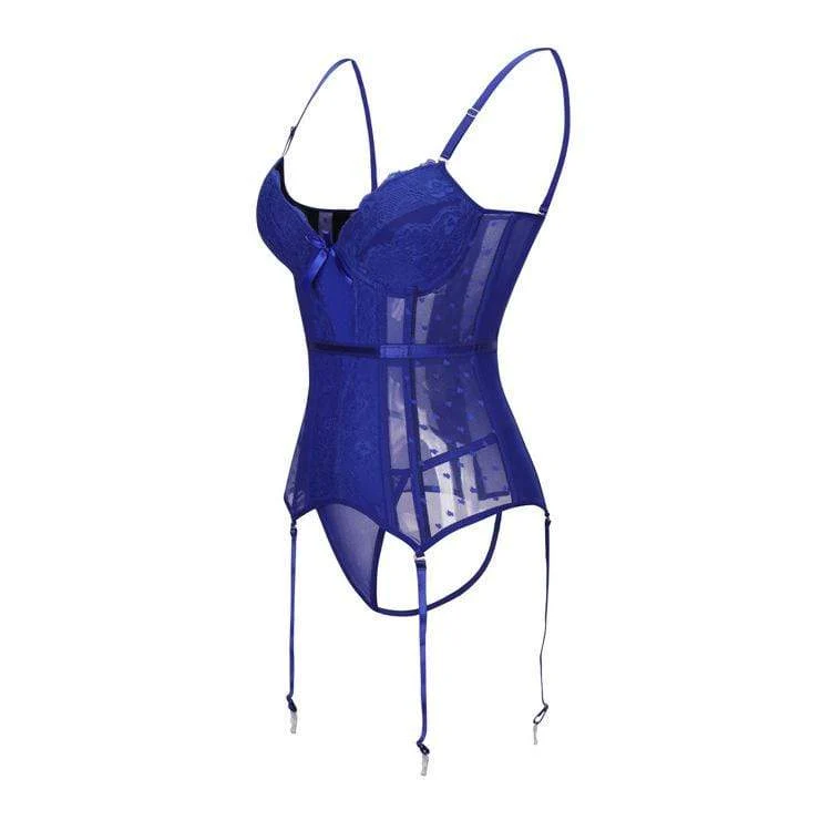Damen Gothic Dessous Spitze Sheer Overbust Korsetts mit T-Rücken