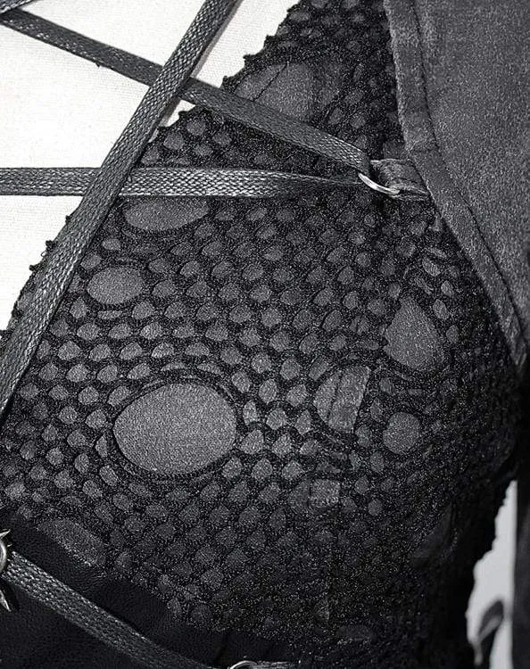 Damen Punk Stehkragen Nieten Schnürung Kunstpelz Jacke