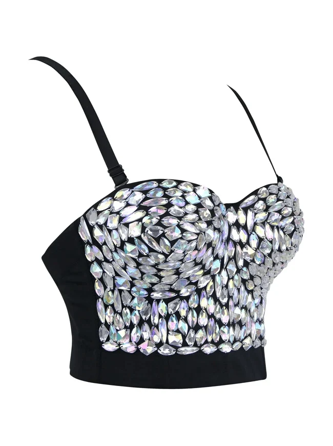 Damen Volltonfarbe Strass Perlen Push Up BH besetzt Gem Clubwear Party Bustier Crop Top