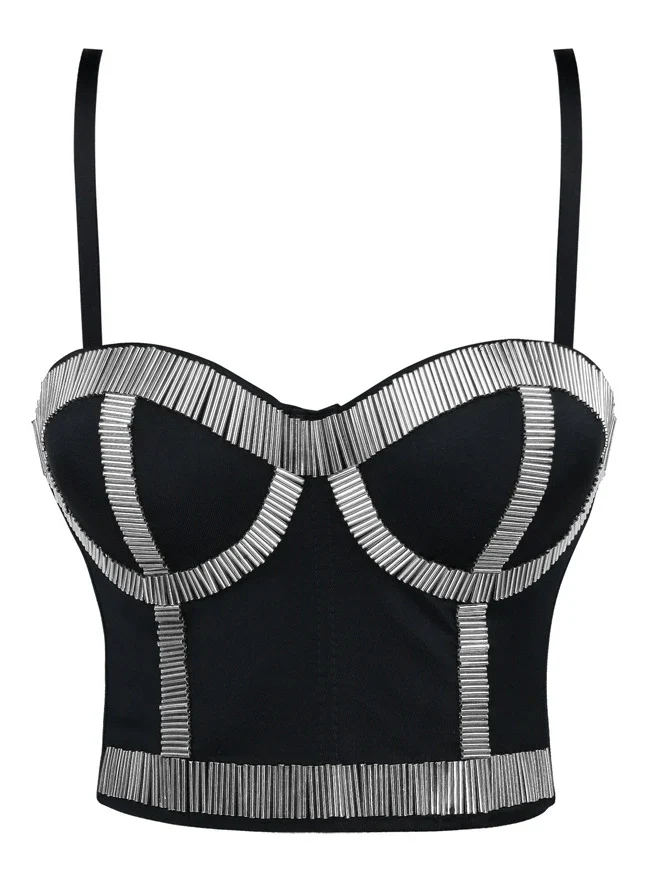 Damen Punk Metallic Stick Clubwear Party Bustier BH bauchfreies Oberteil