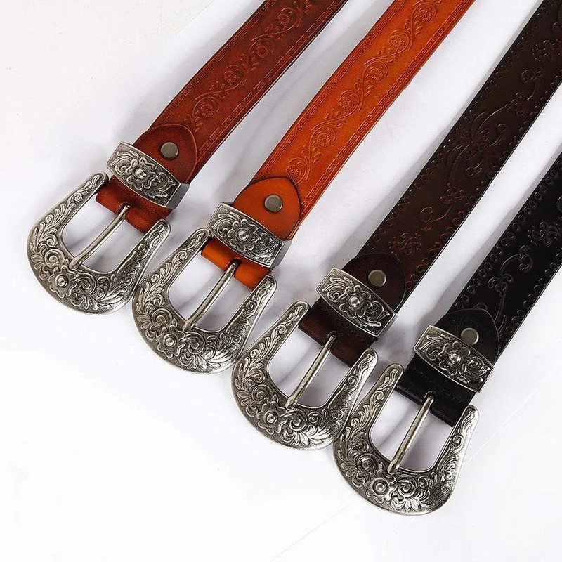 Herren Gothic Floral Carving Cowhide Long Belts