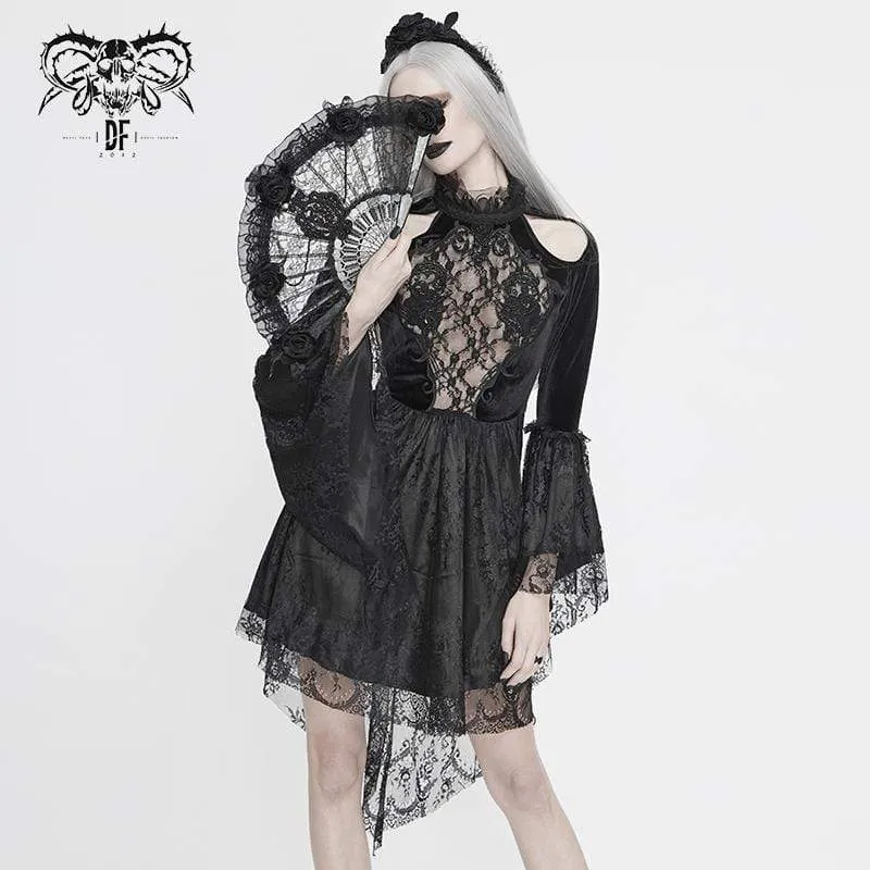 Damen Vintage Gothic Schwarzes Spitzen-Overlay-Kurzkleid mit ausgestellten Ärmeln Hochzeitskleid