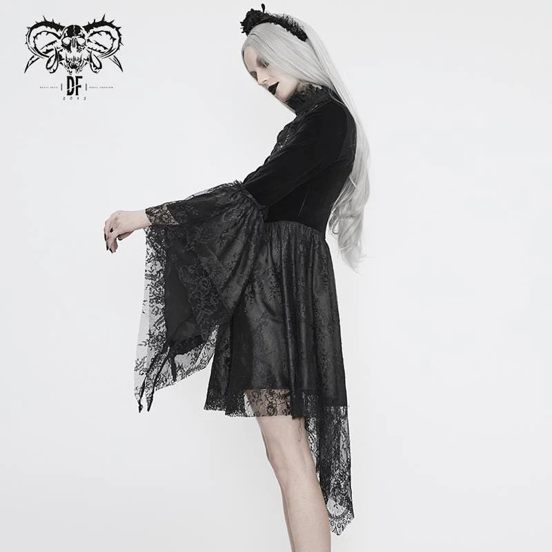 Damen Vintage Gothic Schwarzes Spitzen-Overlay-Kurzkleid mit ausgestellten Ärmeln Hochzeitskleid