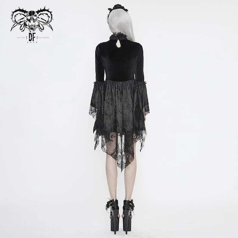 Damen Vintage Gothic Schwarzes Spitzen-Overlay-Kurzkleid mit ausgestellten Ärmeln Hochzeitskleid