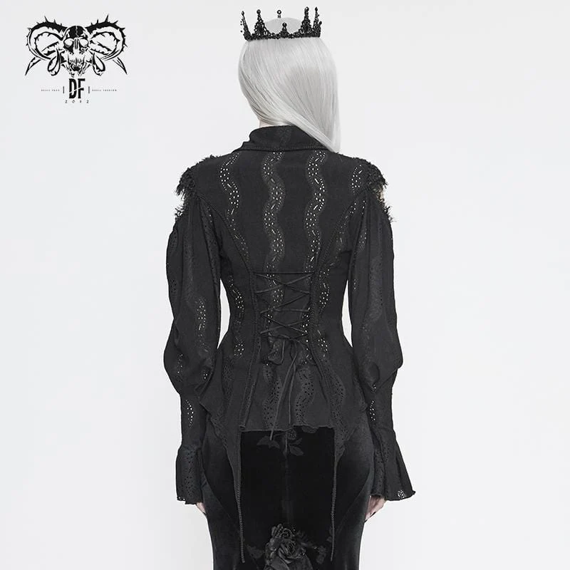 Damen Gothic Punk Black Full Sleeved Asymmetrical Spitze und Cord Detail Shirt