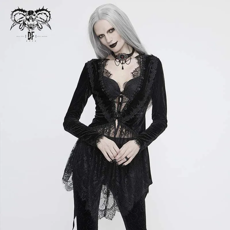 Damen Vintage Gothic Black Velvet und zarte Spitze Asymmetrische Jacke