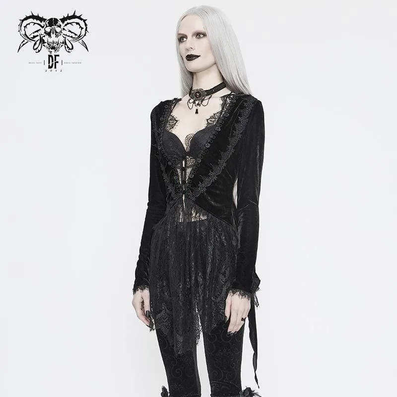 Damen Vintage Gothic Black Velvet und zarte Spitze Asymmetrische Jacke