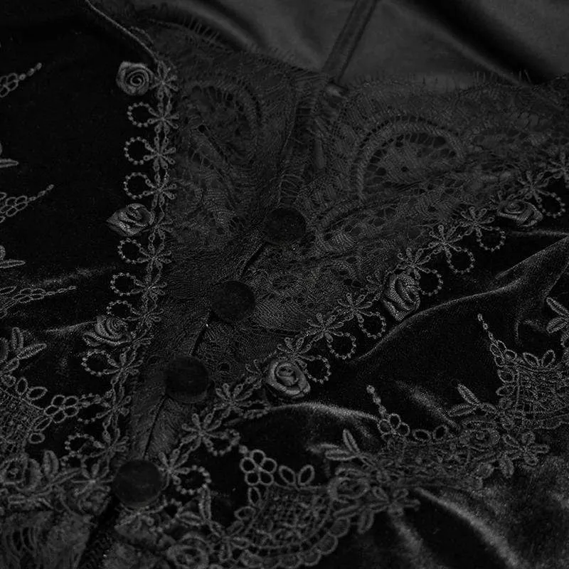 Damen Vintage Gothic Black Velvet und zarte Spitze Asymmetrische Jacke