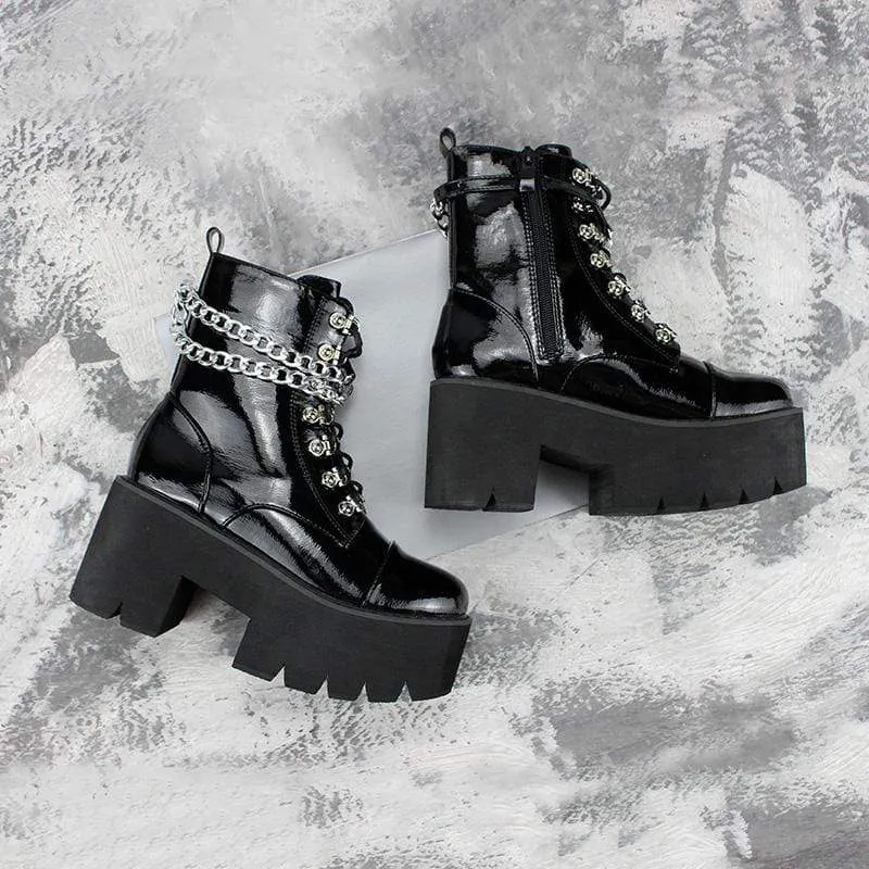 Damen Gothic Punk Lackleder Schnürstiefel