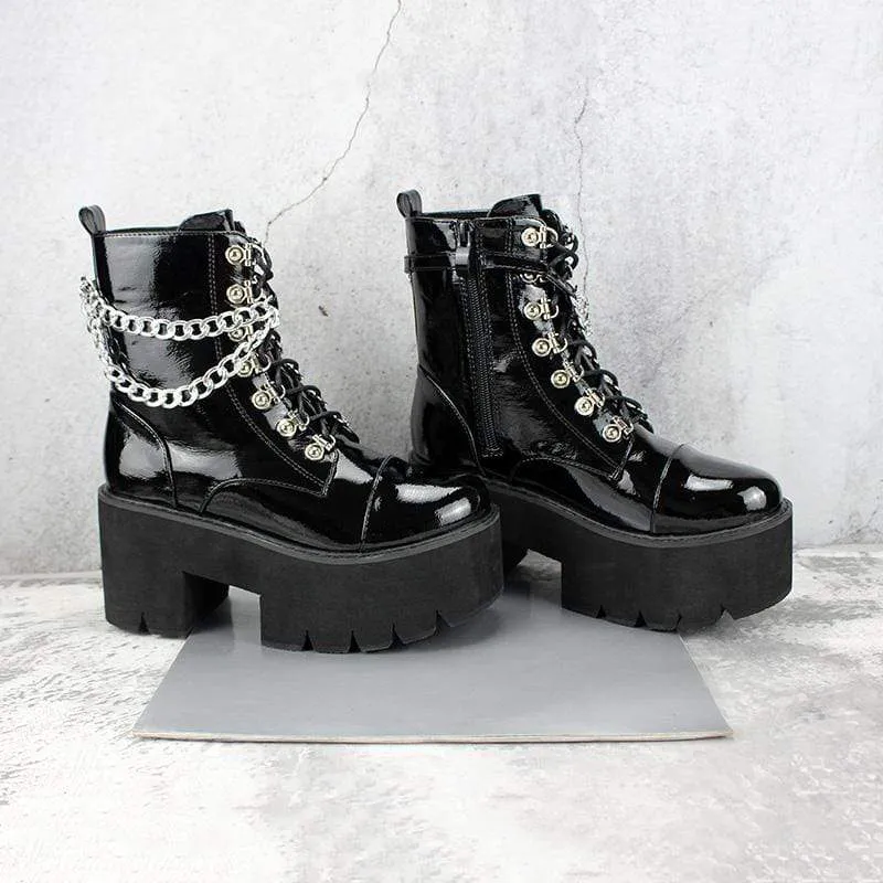 Damen Gothic Punk Lackleder Schnürstiefel