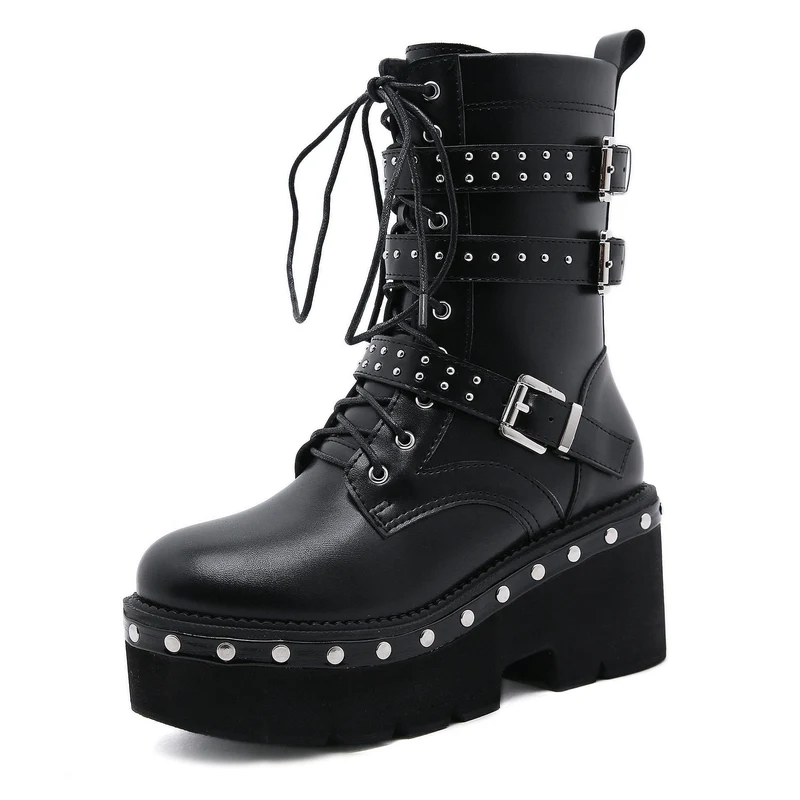 Damen Gothic Punk Schnallen Rivet Plateaustiefel