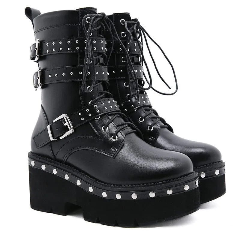Damen Gothic Punk Schnallen Rivet Plateaustiefel