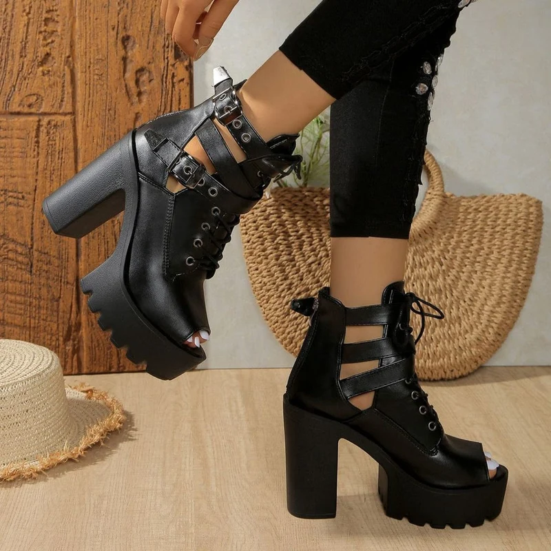 Gothic Punk Peeptoe-Stiefel mit Schnürung für Damen