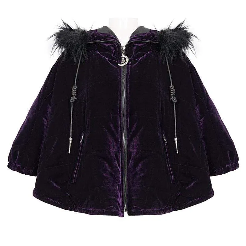 Gothic Zipper Samtmantel für Damen mit Hexenkapuze