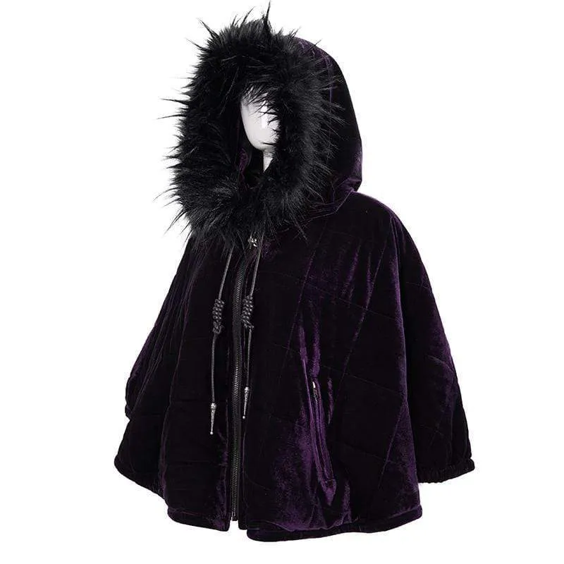 Gothic Zipper Samtmantel für Damen mit Hexenkapuze