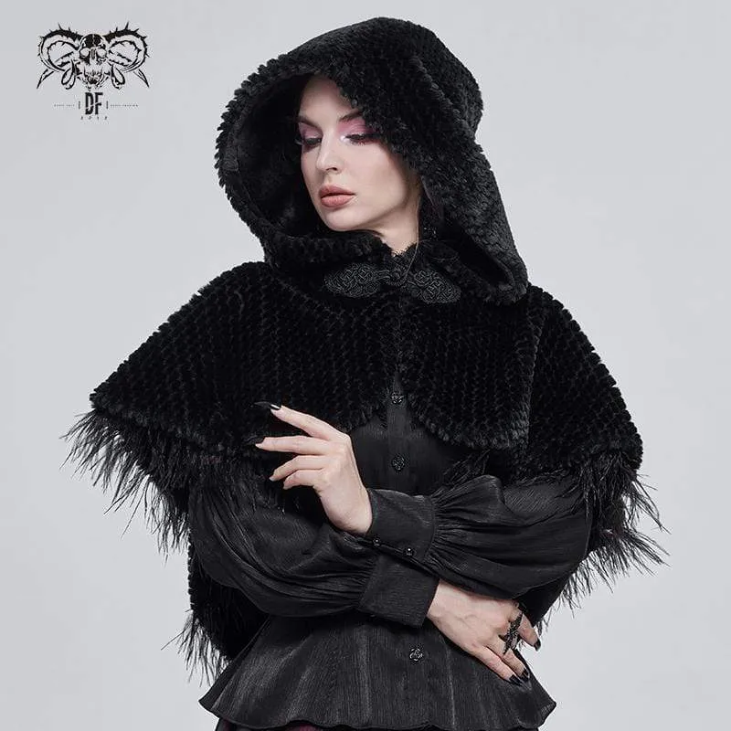 Damen Gothic Riemchen Umhang mit Kapuze Schwarz
