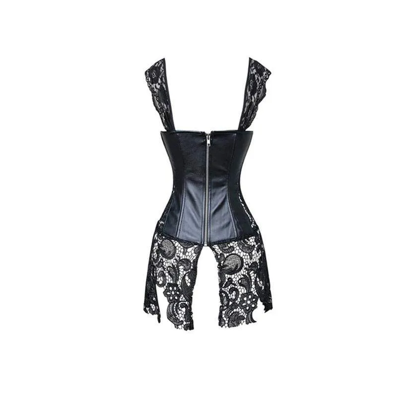 Plus Size Punk Lace Up Kunstleder schiere floraler Spitze Vollbrust Korsetts