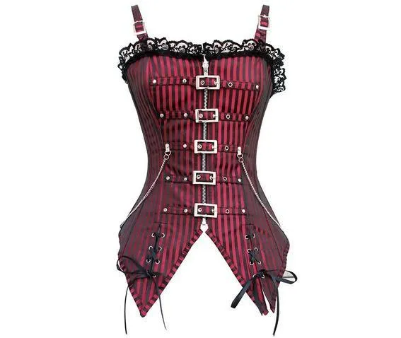 Gothic Striped Lace Buckles Vollbrustkorsett mit String