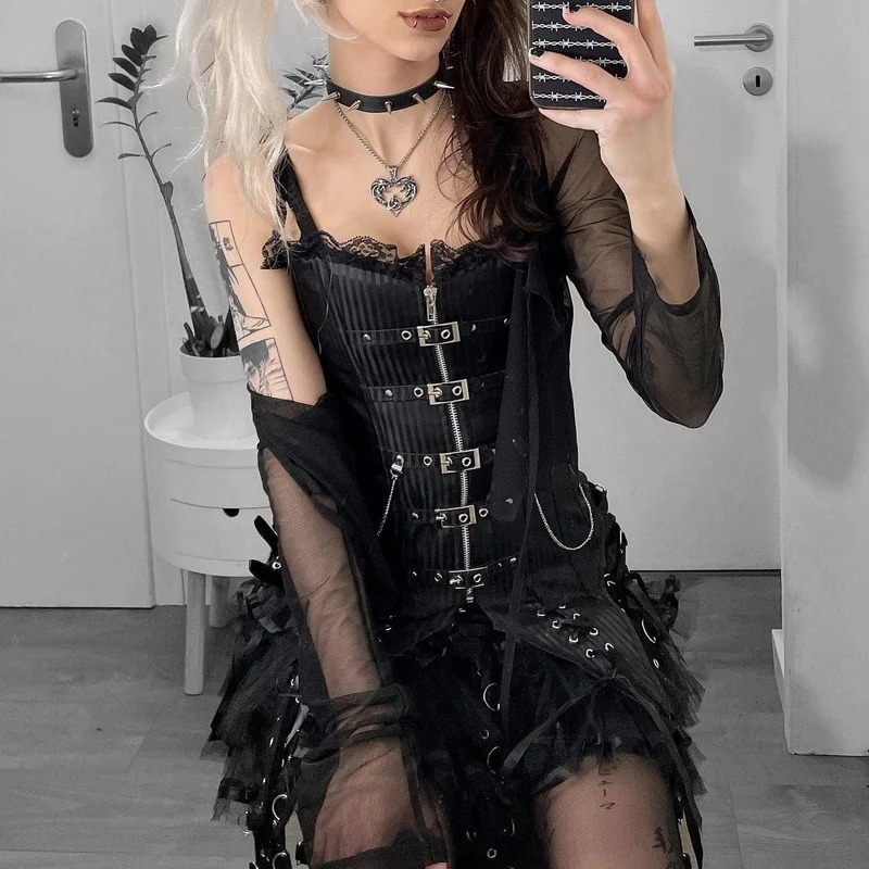 Damen Steampunk Front Zip Overbust Korsetts mit Ketten