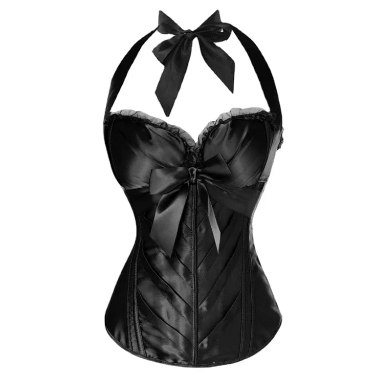 Damen Burlesque Vintage Satin Neckholder ohne Knochen Reißverschluss Bustier Korsett Top