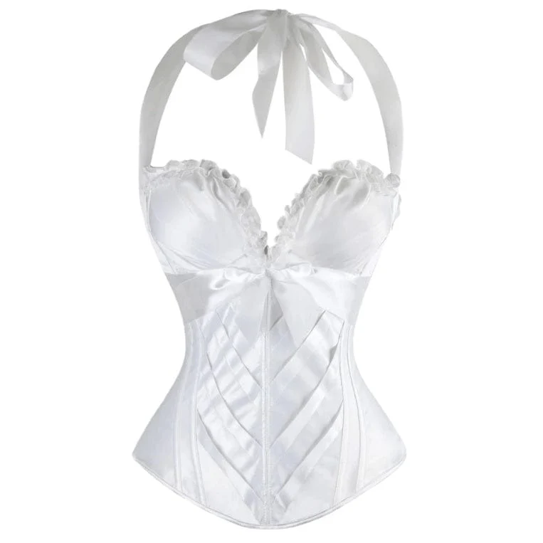 Damen Burlesque Vintage Satin Neckholder ohne Knochen Reißverschluss Bustier Korsett Top