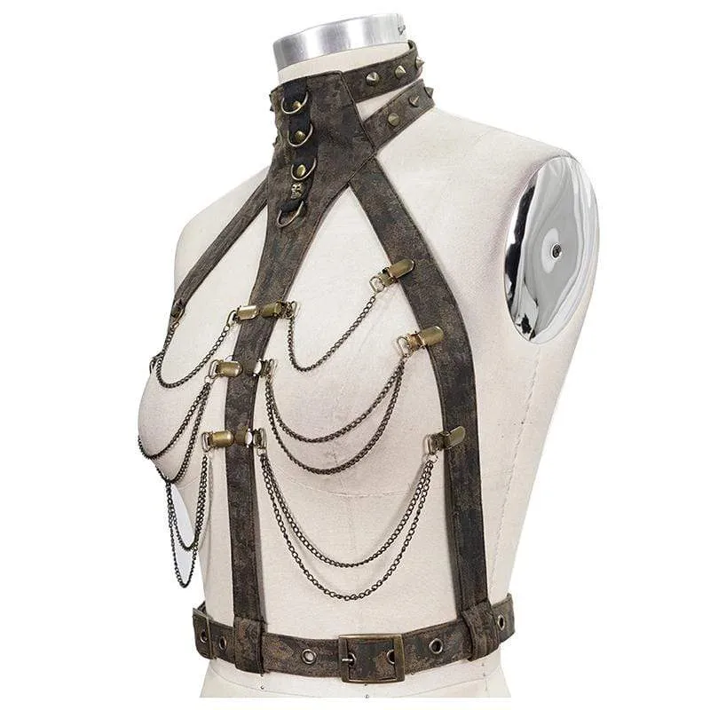 Steampunk Brown Body Harness für Damen mit Messingkette