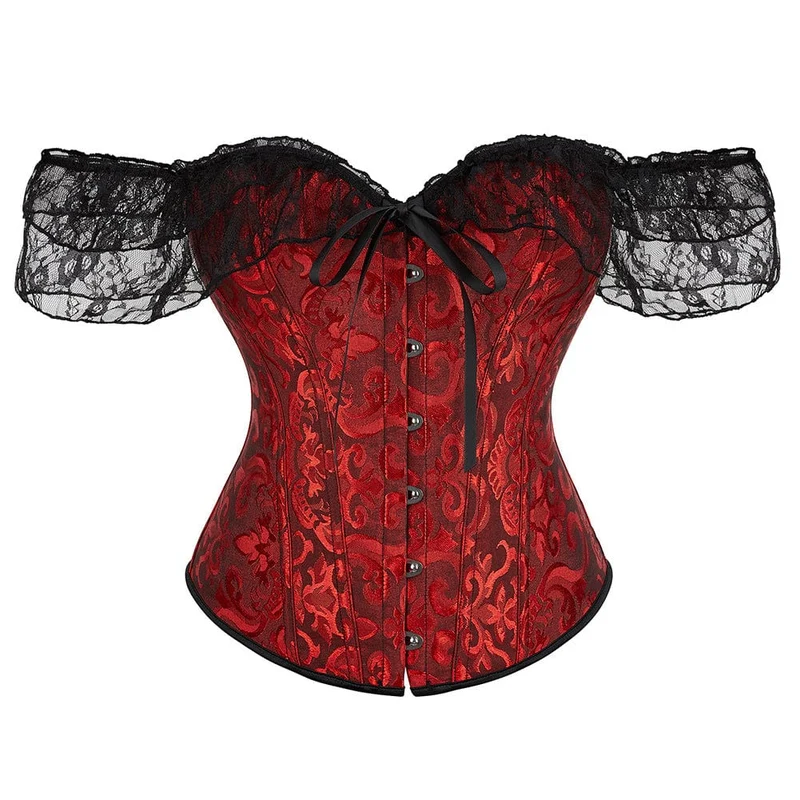 Damen Gothic Mesh Sleeved Lace Floral Overbust Korsetts