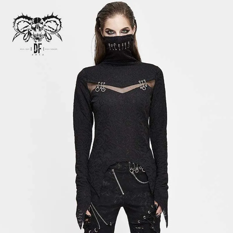 Damen Gothic High Collar Mesh Jacquard Tops