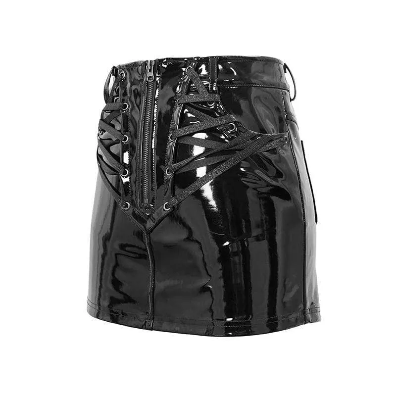 Damen Punk Front-Zip Schnür-Kunstleder Röcke